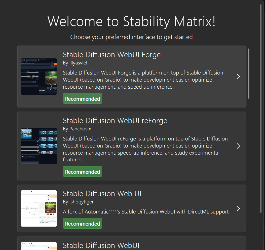 Stability Matrix interface choice